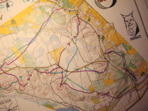 1992.a. Ilvesteade 3 päeva  meeste raja fragment, Piusa. kaart. 3. vahetus lilla- Risto Kivinen (IKNV), 4. vahetus roheline- Arno Ruusalepp (Toyota O-Team). 