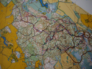 1996.a. Villjandi Ilvesteade.  Polli mäegede kaart koos 4 päeva naiste liidrite teekonnaga: roosa Kristi Vassil, lilla- Elo Saue, roheline - Ede Ümarik. 