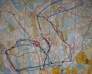 1998.a. Prangli. 1 päeva meeste liidrite teekonnad: sinine- Valentin Novikov, roheline- Inno Ling, punane- Sixten Sild.