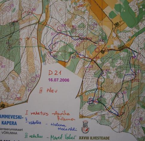 Ilvesteade 2006 Tammeveski-Kapera. 3 päeva naiste rada liidrite teekonnadega: 1 vahetus punane- Annika Rihma,  2 vahetus sinine- Helena Heinväli, 3 vahetus roheline- Maret Vaher